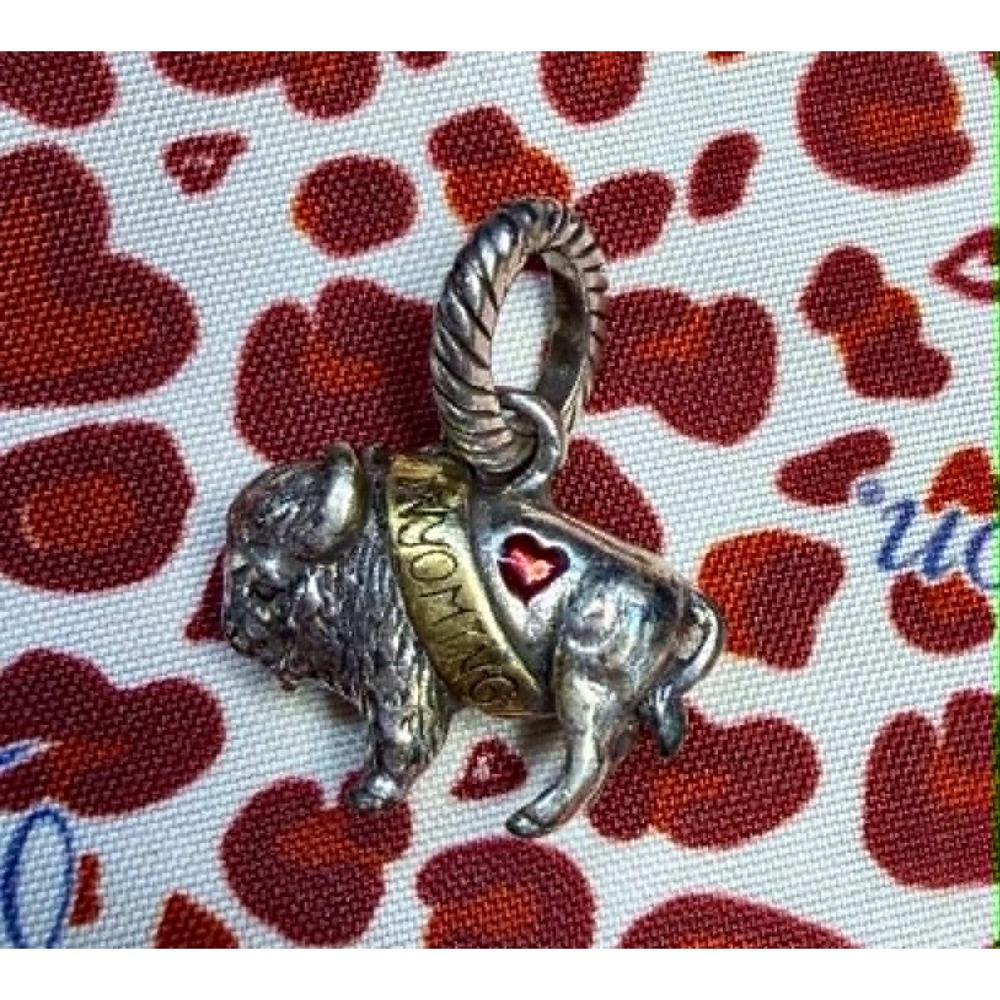 Silver Toned Wyoming Bison Buffalo Charm Pendant Red Heart Western
